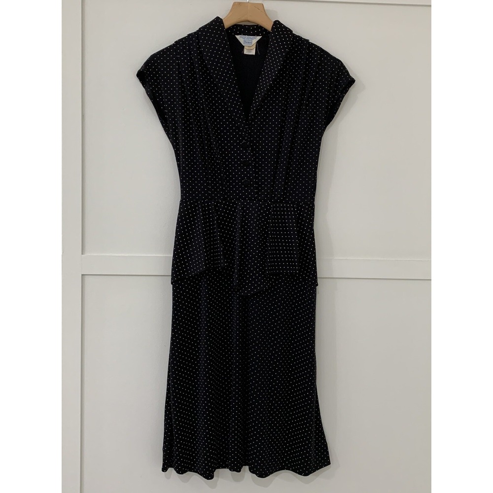 Vtg Sears Dress Sz 8P petit Polka Dot Made USA Rockabilly Cap Sleeves Peplum